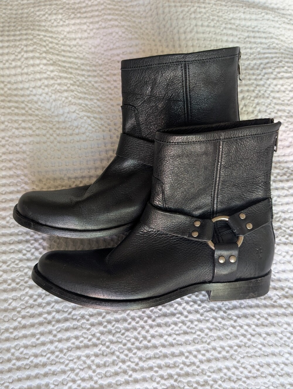 FRYE Phillip Harness Black Leather Ankle Boots Back Zip Moto Booties 7.5 B
